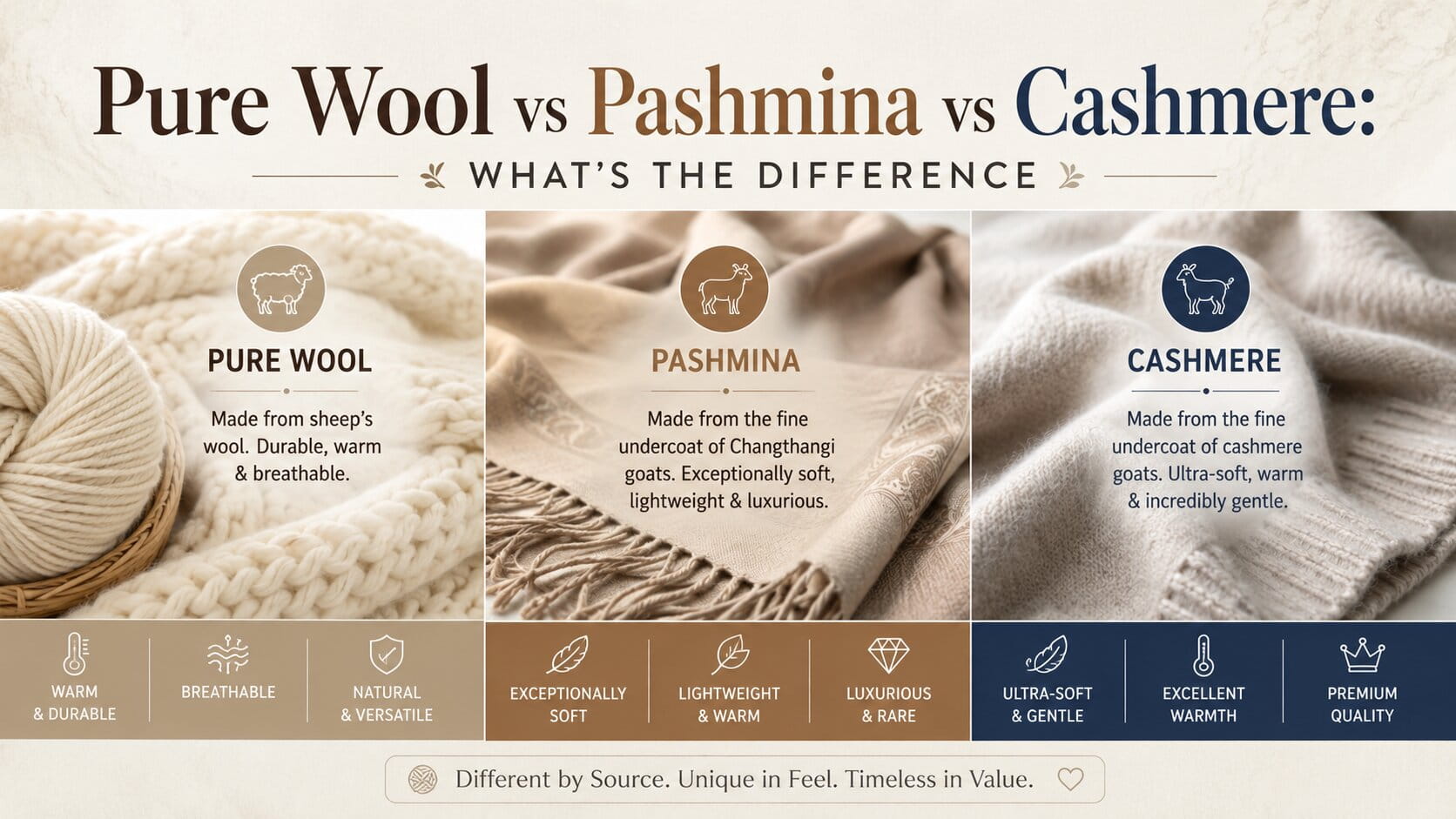 Pure Wool vs Pashmina vs Cashmere- What’s the Difference